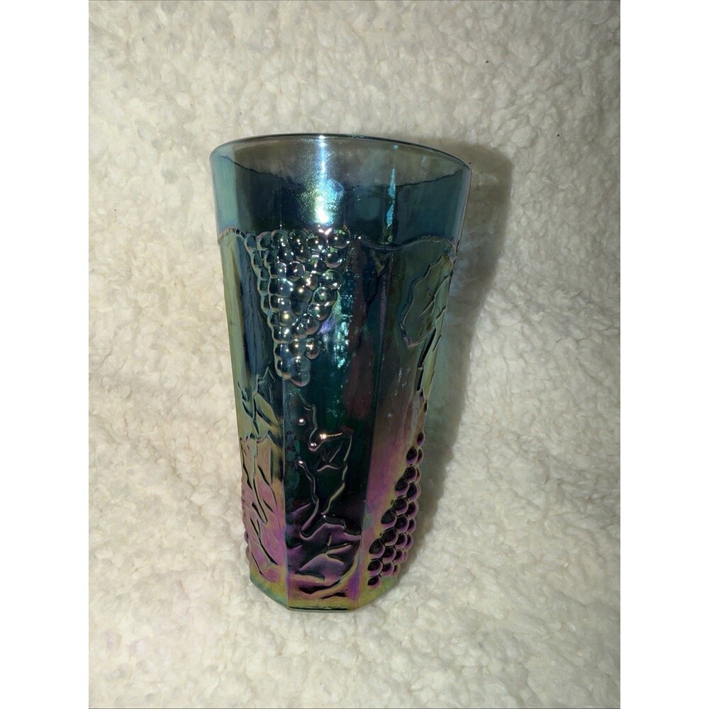 Vintage Indiana Blue Carnival Glass Harvest Grape Iridescent 6” Tumbler EUC